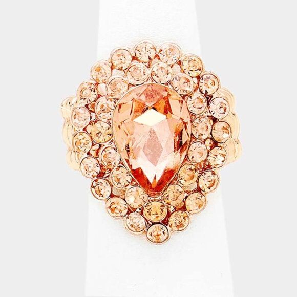 Crystal Peach Teardrop Centered Bubble Cluster Stretch Ring - Picture 4 of 6